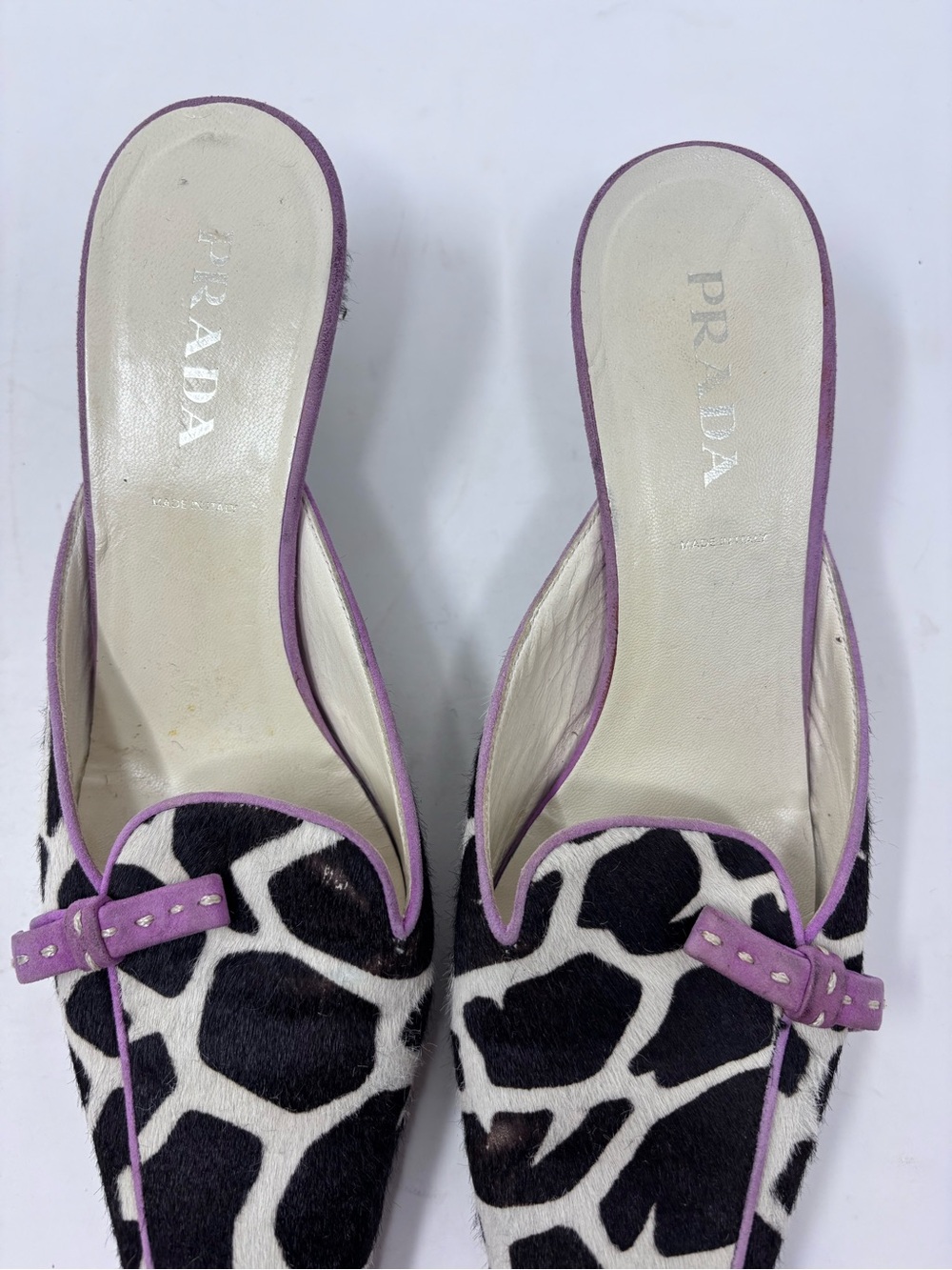 Vintage Prada Giraffe Print Calf Hair Kitten Heel Mule Square Toe Bow Archive 38 - Picture 8 of 11